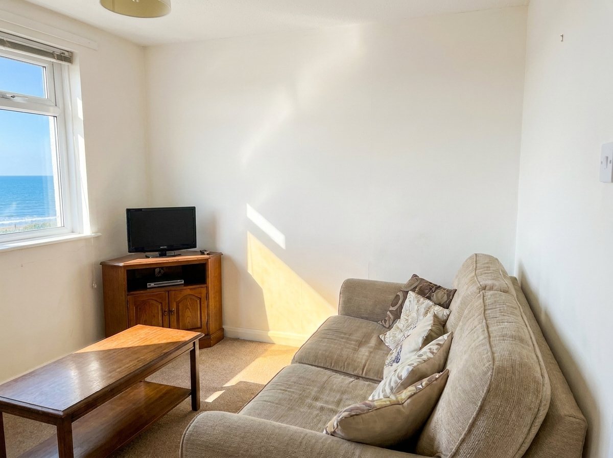 The same living room in brighter light, tidied